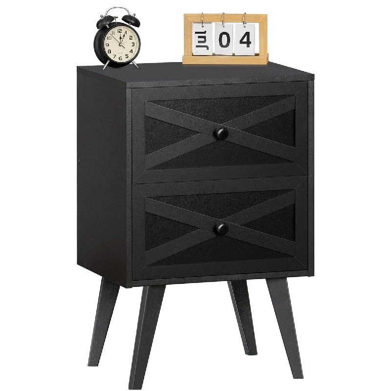 Barn Door Bedside Table, Solid Wooden Legs Night Stand with 2 Drawers, Wood End Table with Storage, Modern Nightstands