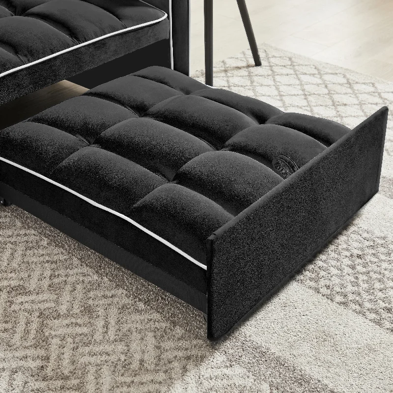 Black 35.43" Velvet Single Convertible Sofa Bed with Adjustable Back, Storage Pocket