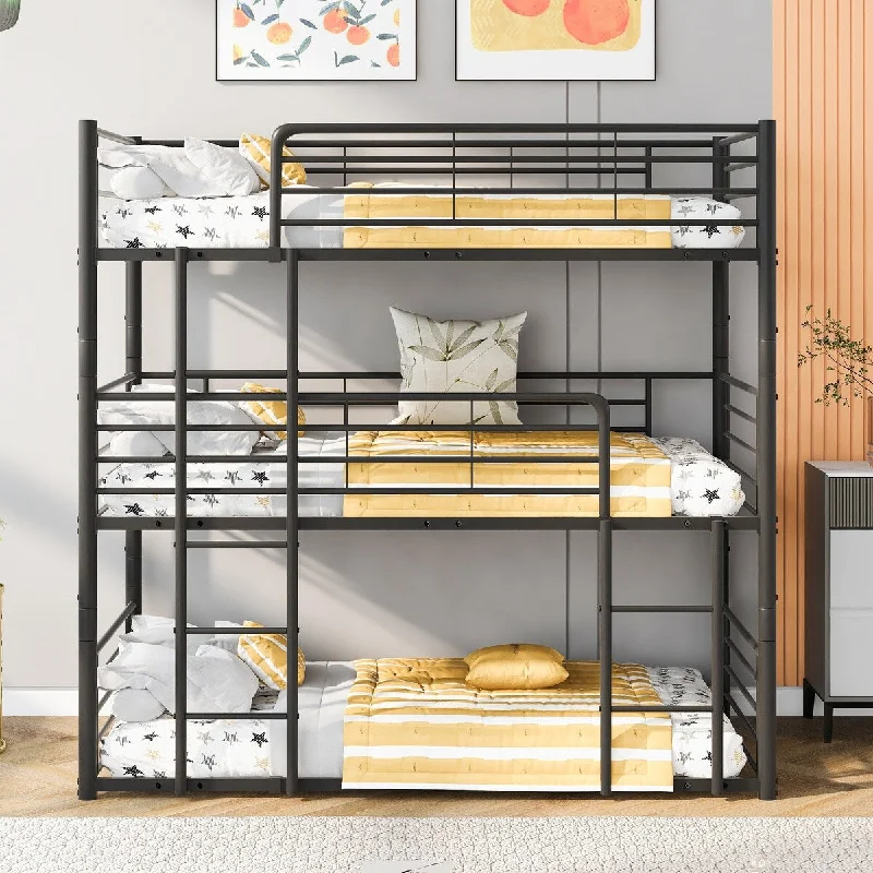 Black Metal Triple Bunk Bed, Twin-Over-Twin-Over-Twin Bunk Bed for 3, Triple Bed Frame with Ladder and Guardrails for Kids Teens