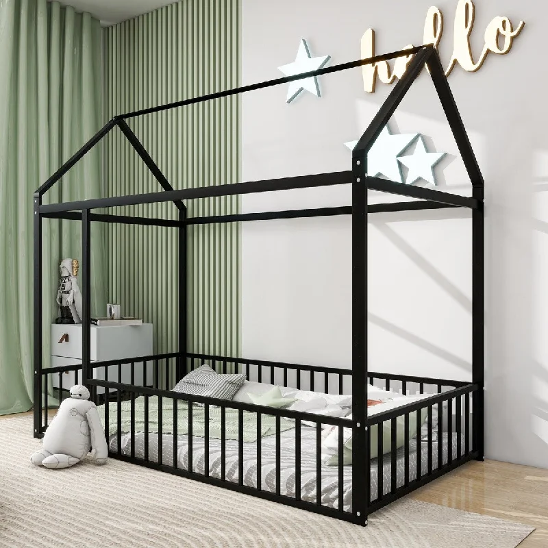 Black Twin Size Metal Montessori Floor Bed, Metal House Bed Frame with Fence Rails, Kids Playhouse Beds for Girls Boys Teens