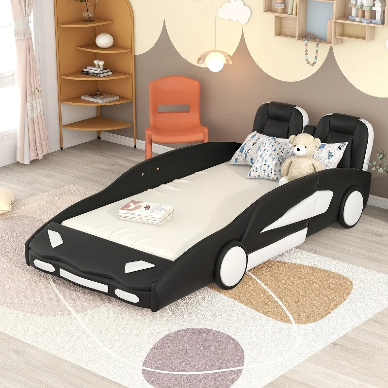 Black Twin Size Race Car-Shaped Upholstered Platform Bed with Wheels