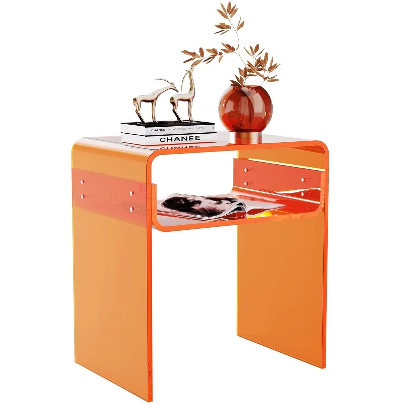 Clear Acrylic End Table 2-Tier Bedside nightstand for Living Room Bedroom Home Decor (Orange)