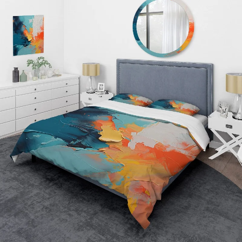 Designart "Blue and orange paint Abstract Expression 1" Abstract Painting Traditional Bedding Cover Set with Shams