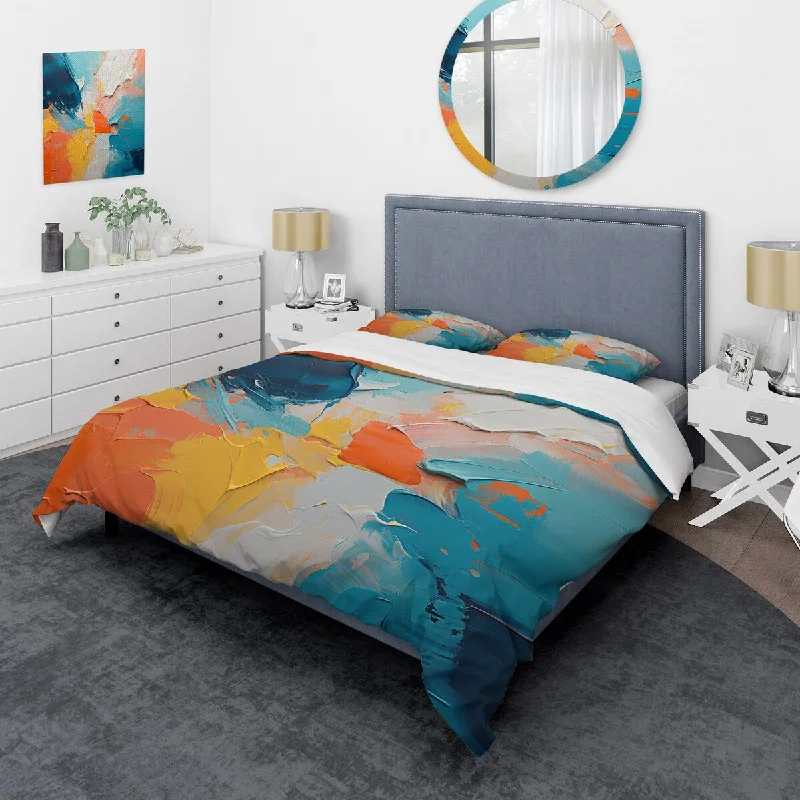 Designart "Blue and orange paint Expression 5" Abstract Painting Bedding Cover Set - Traditional Bed Set with Shams