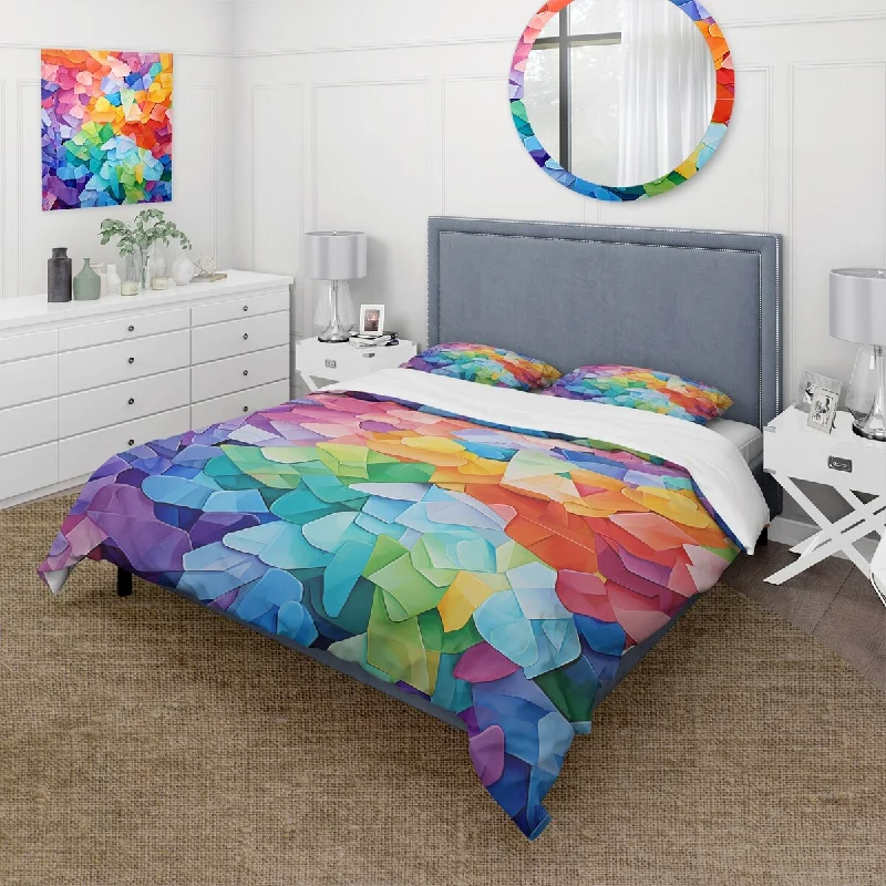 Designart "Blue and pink Cubist Marine Exploration I" Coral Bedding Cover Set - Traditional Bed Set with Shams