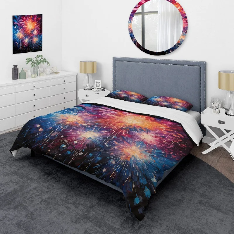 Designart "Blue and pink Fireworks brilliance" Fireworks Bedding Cover Set - Traditional Bed Set with Shams