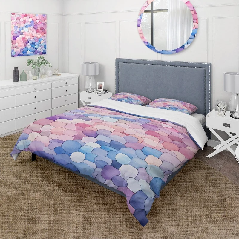 Designart "Blue and pink Nautical tiles twilight" Coastal Sunset Bedding Cover Set - Traditional Bed Set with Shams