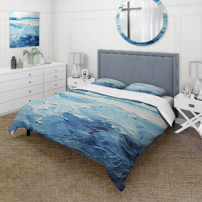 Designart "Blue and white modern waves of the Coast II" Coastal Minimalism Traditional Bed Cover Set with Shams