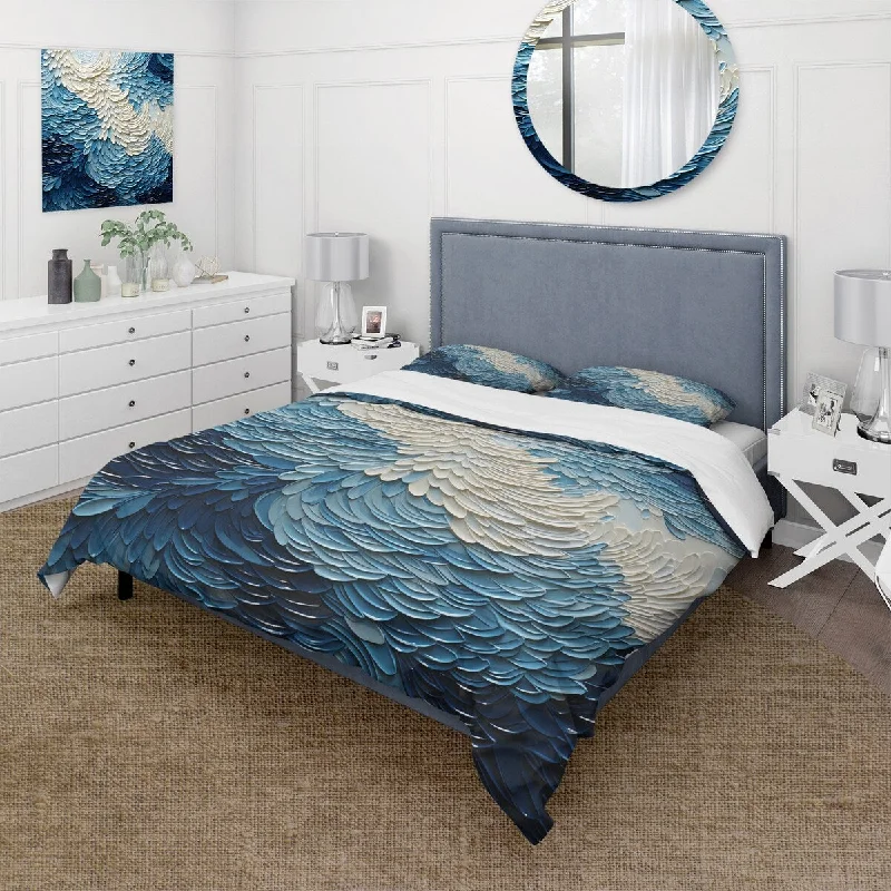 Designart "Blue and white modern waves of the Coast III" Coastal Minimalism Traditional Bed Cover Set with Shams