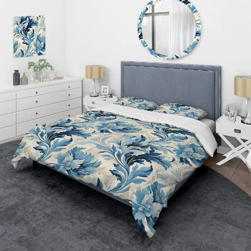 Designart "Blue And White Seaside Ikat Bliss I" White Ikat Bed Cover Set With 2 Shams