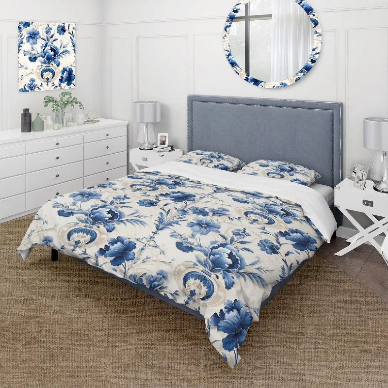 Designart "Blue Ornamental Frames Victorian Pattern IV" Cottage Bedding Cover Set With 2 Shams