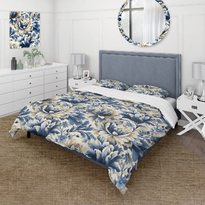 Designart "Blue Victorian Ikat Floral Harmony III" Beige Cottage Bedding Cover Set With 2 Shams