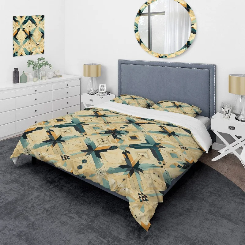 Designart "Boho Blue And Beige Tiles " Green Modern Bedding Cover Set With 2 Shams