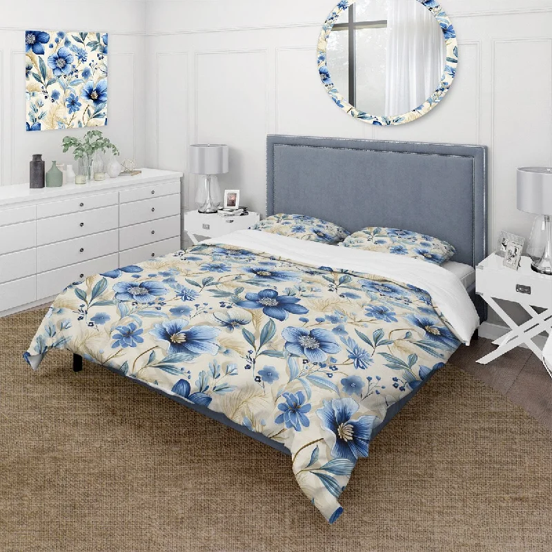 Designart "Boho White Blue Hibiscus Flowers II" Beige cottage bedding covert set with 2 shams