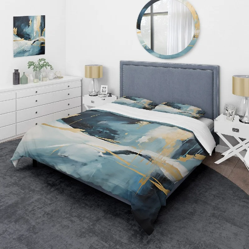 Designart "Gold and blue Abstract Expression 4" Abstract Painting Bedding Cover Set - Traditional Bed Set with Shams