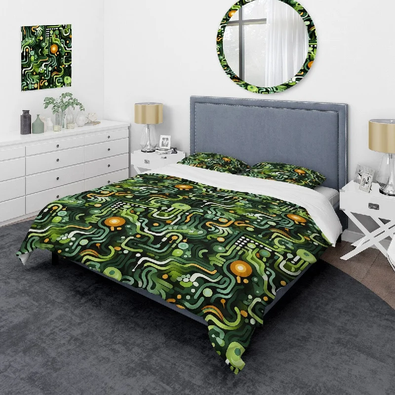 Designart "Green And Yellow Organic Matrix Mosaic" Yellow Modern Bed Cover Set With 2 Shams