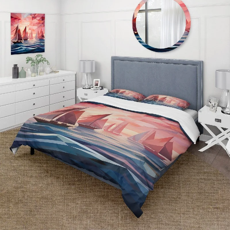 Designart "Nautical ship Twilight sails II" Coastal Sunset Bedding Cover Set - Traditional Bed Set with Shams