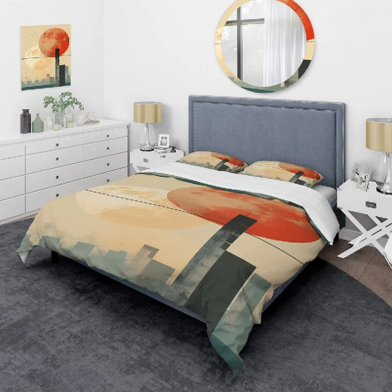 Designart "Orange and Beige City sunrise" Cityscape Bedding Cover Set - Traditional Bed Set with Shams