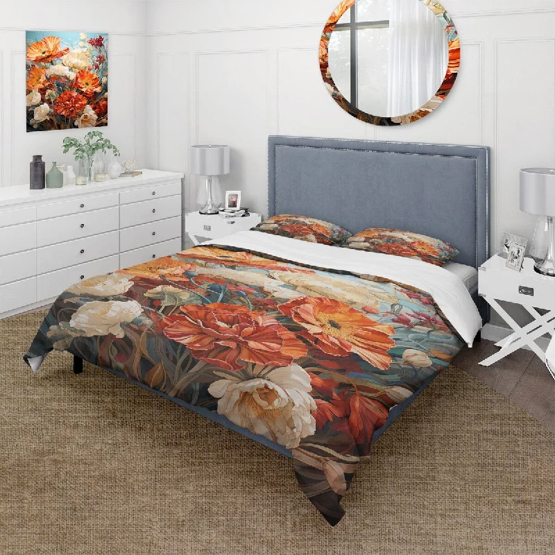 Designart "Orange Harmony summer flower bouquet" Flowers Bedding Cover Set - Traditional Bed Set with Shams