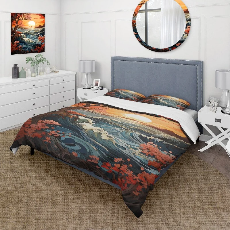 Designart "Orange Japanese waves in Sunset blooms 2" Coastal Sunset Bedding Cover Set - Traditional Bed Set with Shams