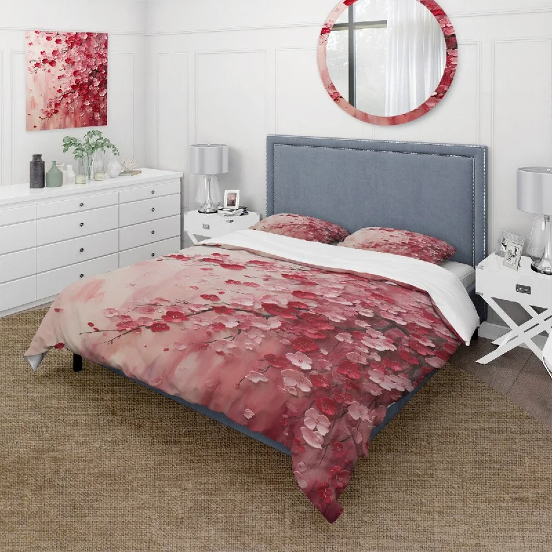 Designart "Pink Cherry Orchard tree in Bloom 4" Cherry Bedding Cover Set - Traditional Bed Set with Shams