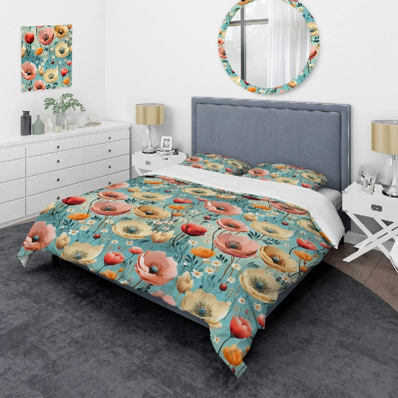 Designart "Playful Poppies Garden Floral Pattern" Yellow Cottage Bedding Cover Set With 2 Shams