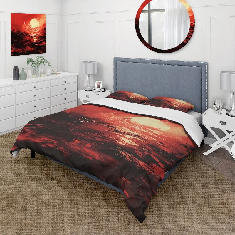 Designart "Red crimson sunset storm" Coastal Sunset Bedding Cover Set - Traditional Bed Set with Shams