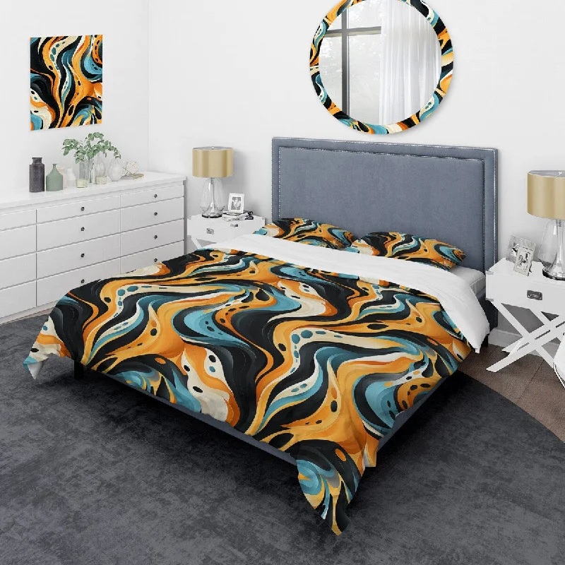 Designart "Retro Futurism In Orange And Blue Waves" Blue modern bedding set with shams