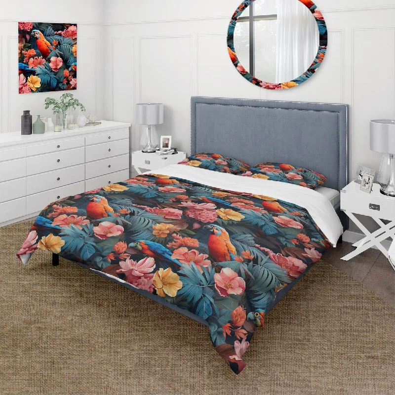 Designart "Tropical Sunset Colors Parrots I" Pink Animal Print Bedding Cover Set With 2 Shams