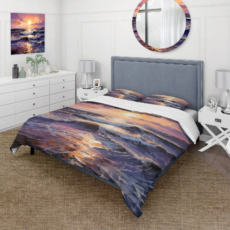 Designart "Yellow and purple Oceans sunset Embrace IV" Coastal Sunset Bedding Cover Set Traditional Bed Set with Shams