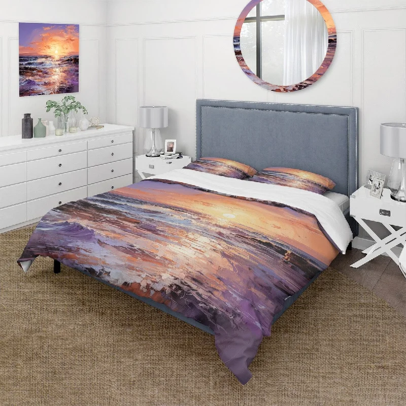 Designart "Yellow and purple Oceans sunset Embrace V" Coastal Sunset Bedding Cover Set - Traditional Bed Set with Shams