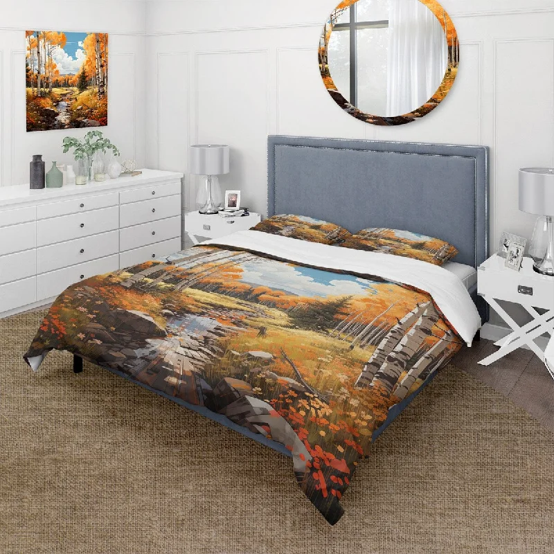 Designart "Yellow Aspen Tree Forest Majesty I" Abstract Fractal Bedding Cover Set - Traditional Bed Set with Shams