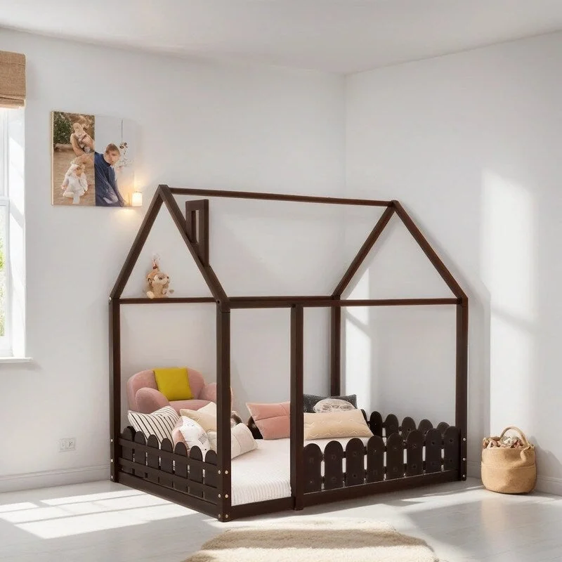 Full Size Wood Bed Kids Bed House Bed Frame with Fence, Espresso