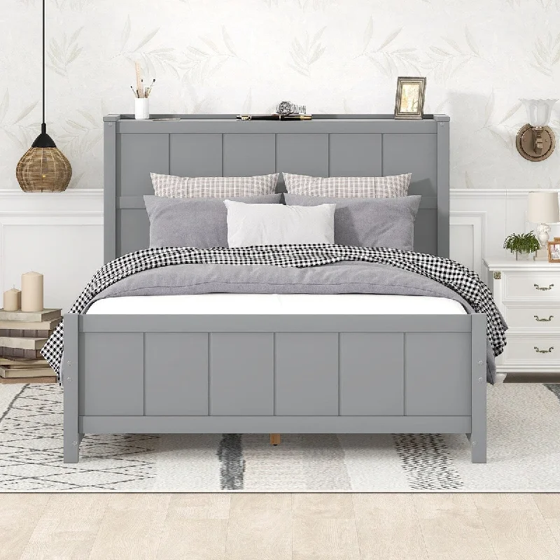 Gray Full Size Bed Frame with Shelves&Headboard, Platform 4 Storage Drawers, Support Legs for Girls Boys, No Box Spring Needed