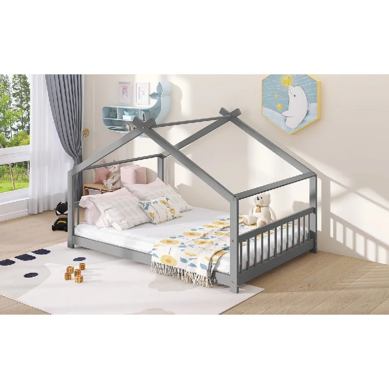 Gray House Bed with Playhouse Design & Pinewood Frame