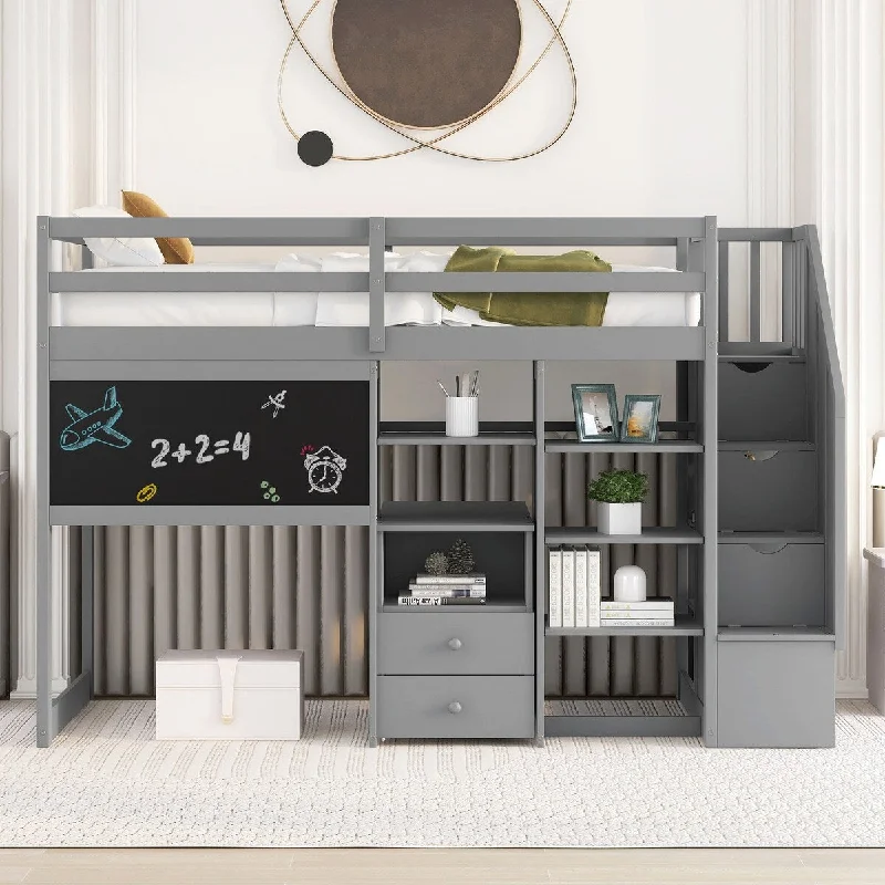 Gray Multifunctional Twin Loft Bed w/ Pullable Desk & Storage Shelves