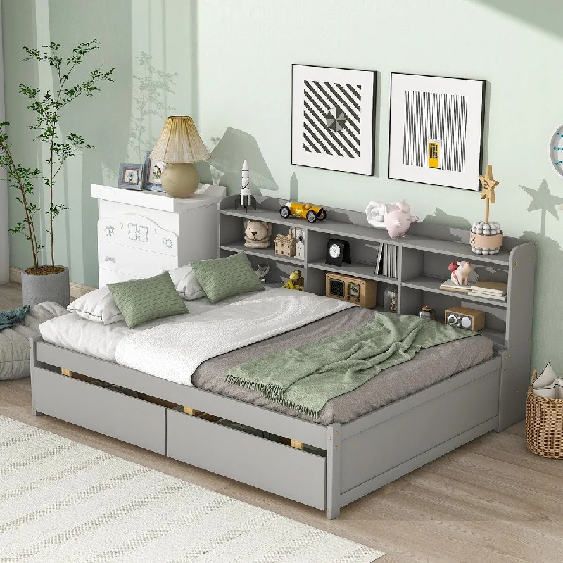 Gray Pine Wood Full Bed with Side Bookcase and Storage Drawers - Easy Assembly