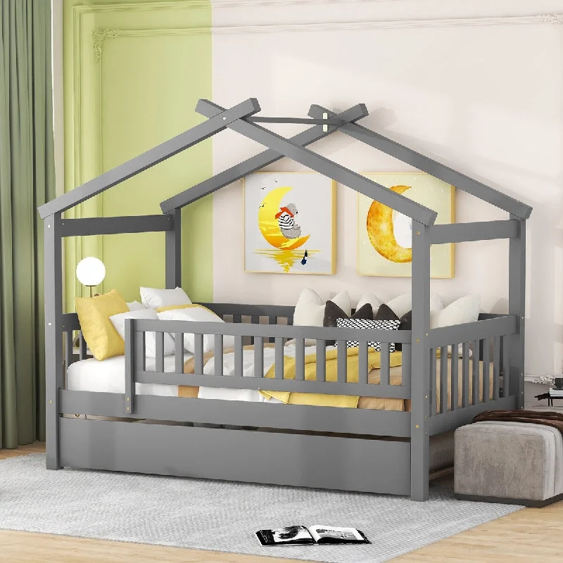 Gray Twin House Bed with Trundle, Wooden Platform Bed Frame with Roof