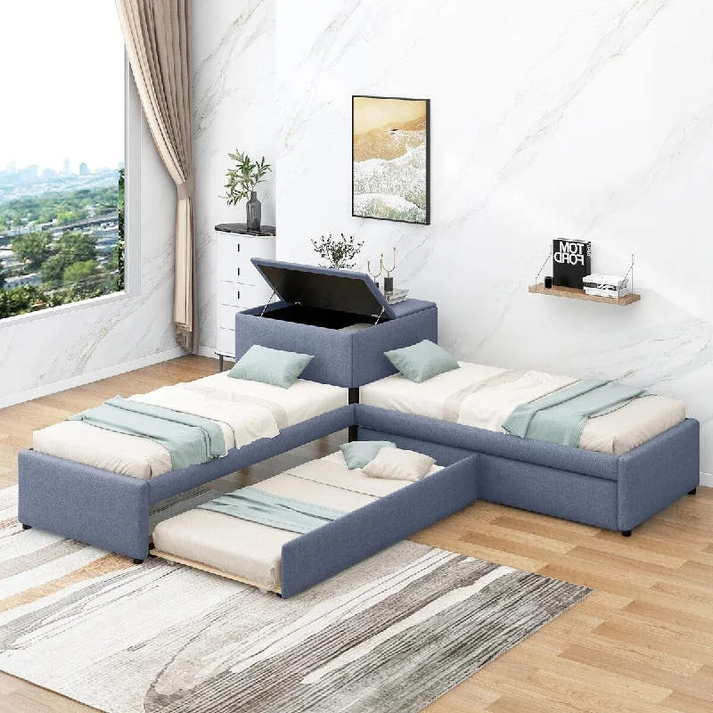 Gray Upholstered L-Shaped Upholstered Platform Bed, Convertible Trundle, Drawers, Flip Square Table