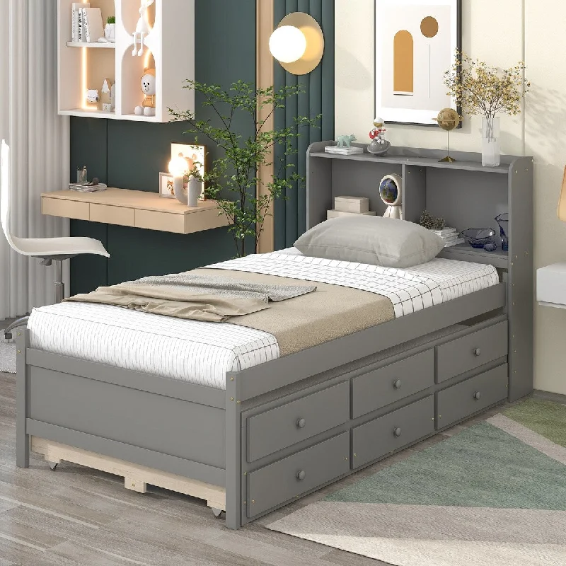 Grey Twin Pine Platform Bed with Storage Headboard, Trundle, Drawers