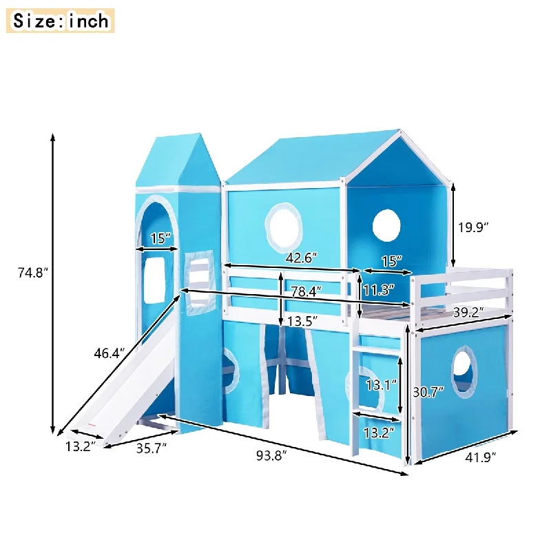 Kids Playhouse House Loft Bed with Slide and Tent, Tower and Ladder