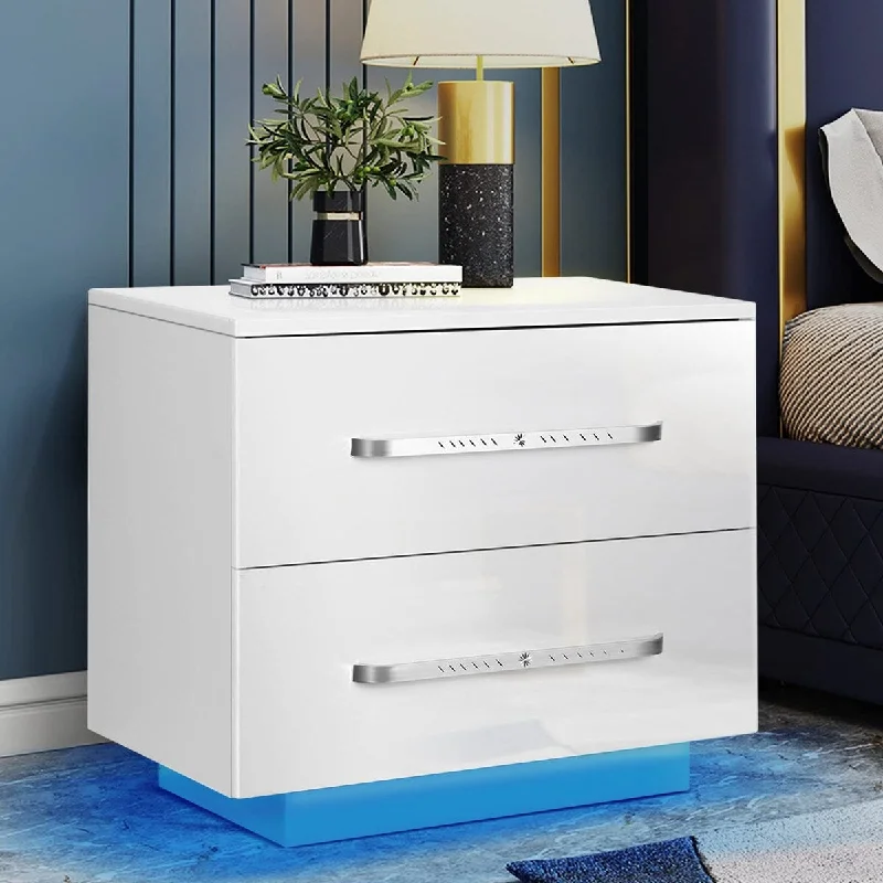 LED Nightstand Modern White Nightstand with Led Lights Wood Bed Side Table Night Stand with 2 High Gloss Drawere