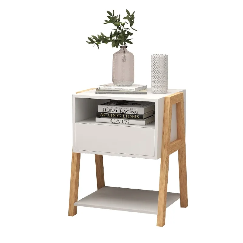 Modern Nightstand with Drawer and Open Shelves, High Gloss Bedside Table with Storage & Trapezoid Rubberwood Leg Frame