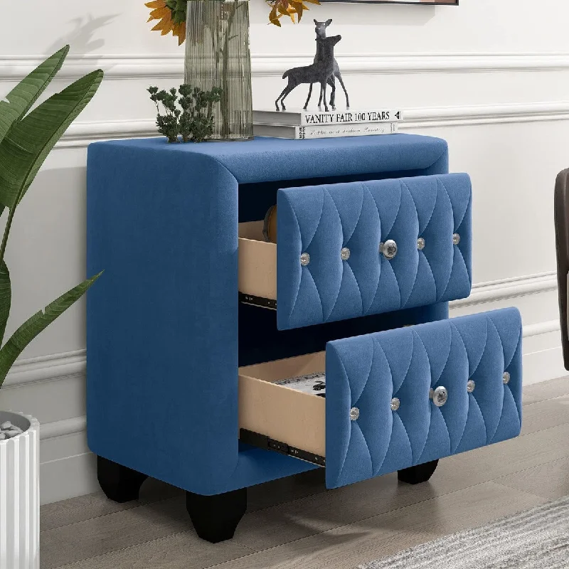 Modern Upholstered 2-Drawer Nightstand 27.9" Tall Bedside End Table with Blue Velvet Cover Luxury Night Stand Drawer Chest