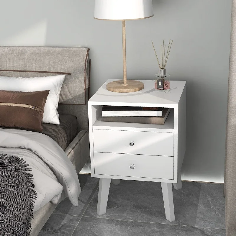 Modern White Nightstand, Mid-Century Night Stand Bedside Table with 2 Drawers and Open Shelves End Side Table with Storage Wood