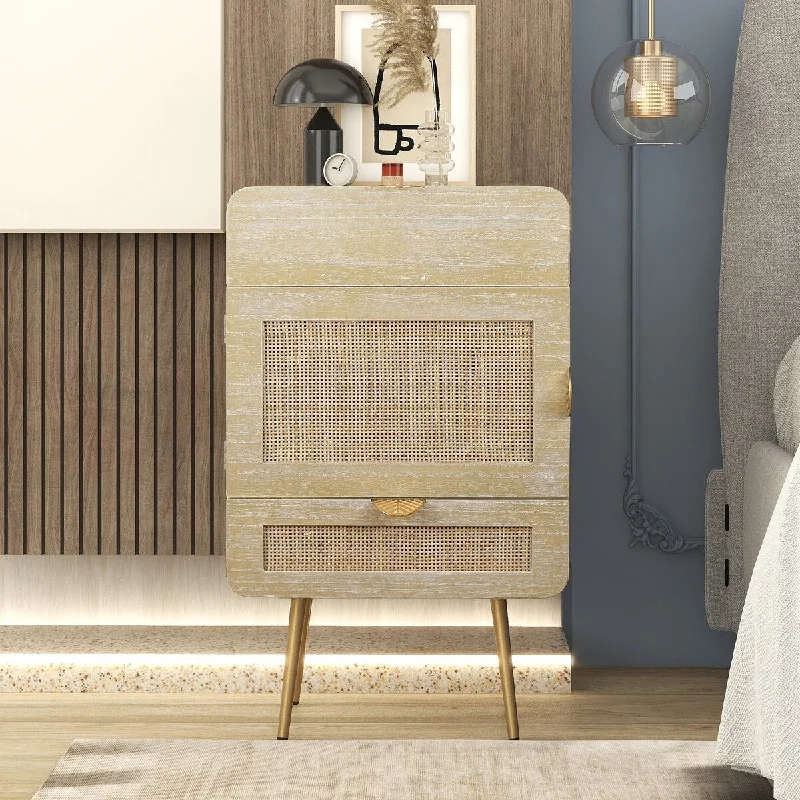 Natural Wood Nightstand with Rattan Panel - 2 Drawers, 1 Cabinet, Metal Feet - Multi-Functional Bedside Table