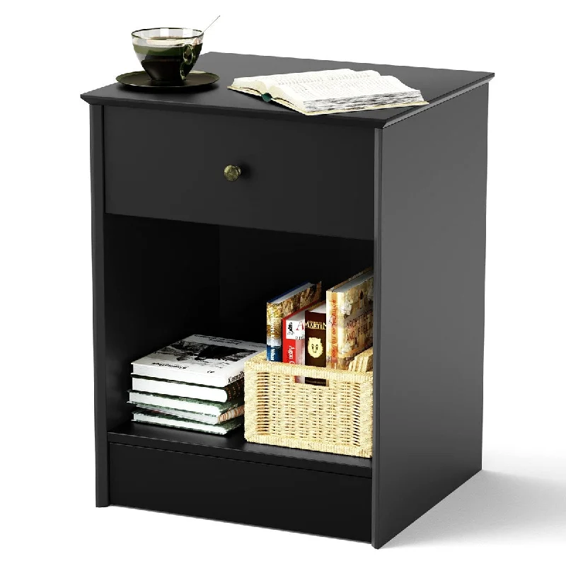 Nightstand, 2-Tier Bedside Table with Drawer, Modern End Table, Black