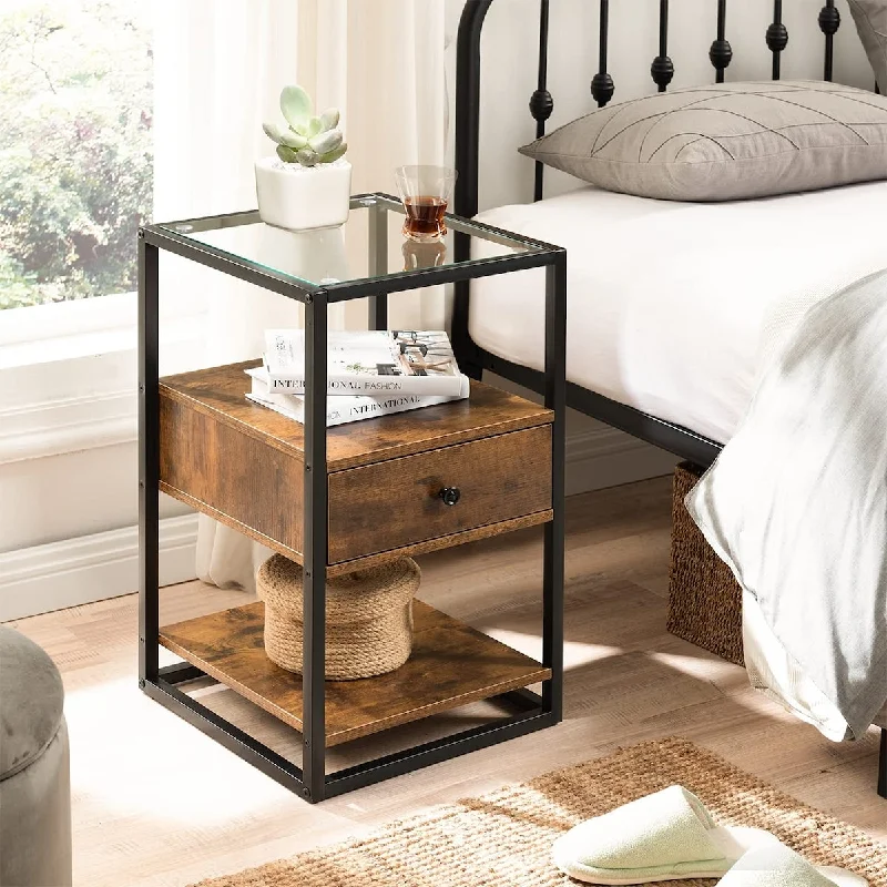 Nightstand 27.6" Tall Bedside Table/Night Stand,Glass End Table with Wooden Drawer and Shelf,Modern Night Stands for Bedrooms