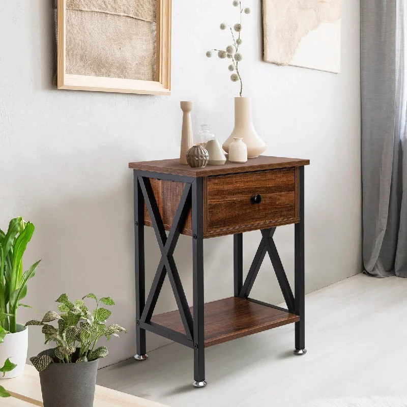 Nightstand with Drawer and Open Storage Shelves,for Bedroom