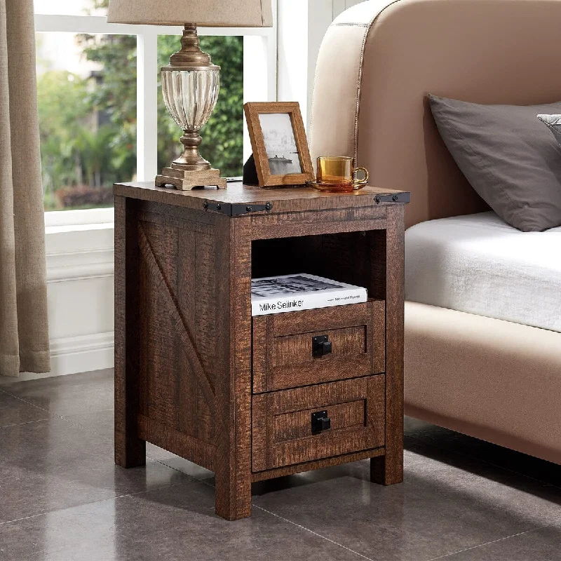 Nightstand wtih Charging Station, End Table, Side Table with 2 Drawers Storage Cabinet for Bedroom, Living Room